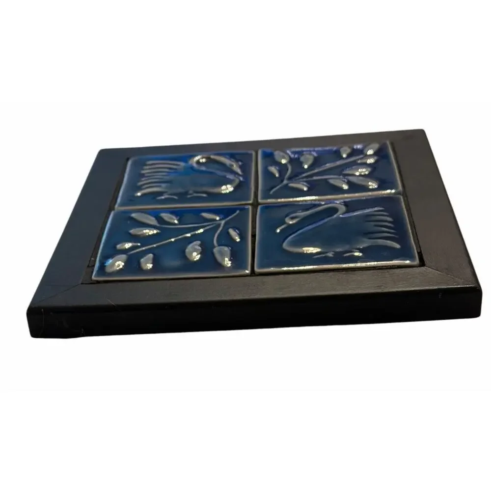 Vintage SWAN Wood Ceramic Tile TRIVET Wall Art Decor Blue 3710/67